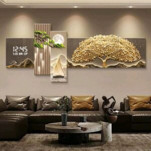 Wall Deco - Golden Tree Scenery (digital clock) uk.150x62cm