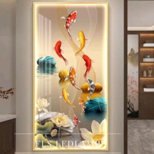 Painting LED - 9 Koi's Lotus uk.80x160cm - Frame Gold + Remote