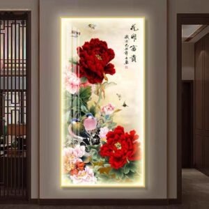 Painting LED - Peony Hua Kai Fu Gui uk.60x120 - Frame Gold + LED