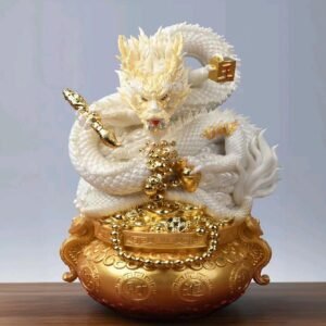 Marmer Giok - Dragon Ju Bao Pen - white + Ukiran Kayu 9 Naga
