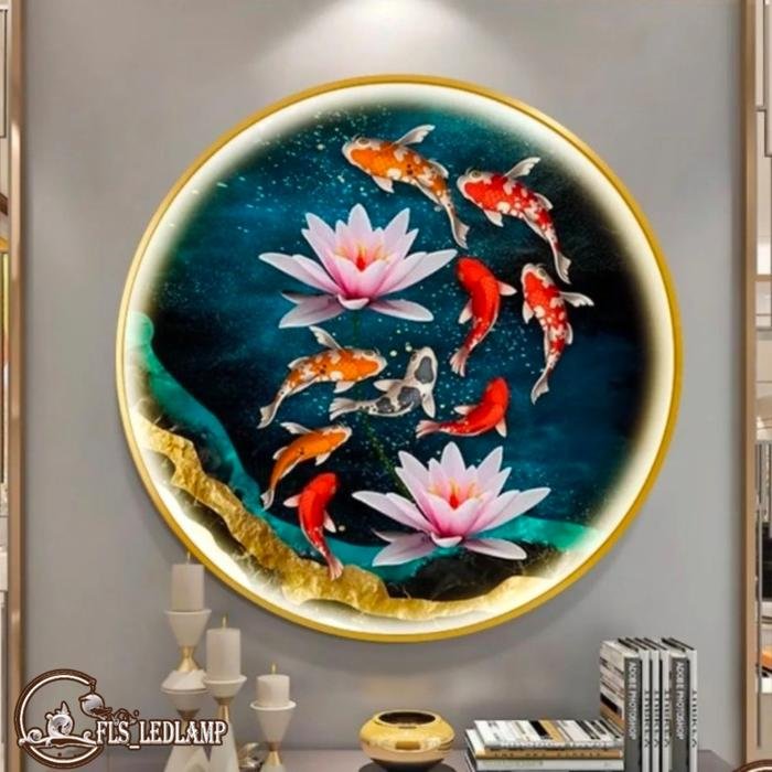Painting LED 9 Koi'sDouble Lotus "8" 80cm Frame Gold + Remote