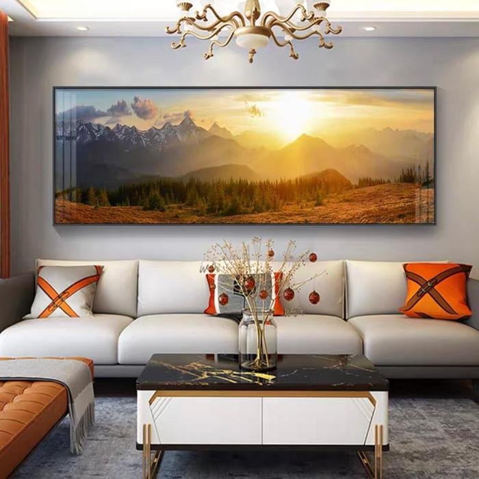 Painting LED Sunrise at Mountain 160x80cm Frame Gold + Remote