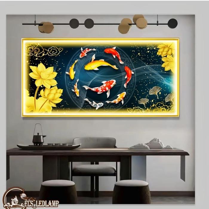 Painting LED 9 Koi's Abundance Wealth Frame Gold set