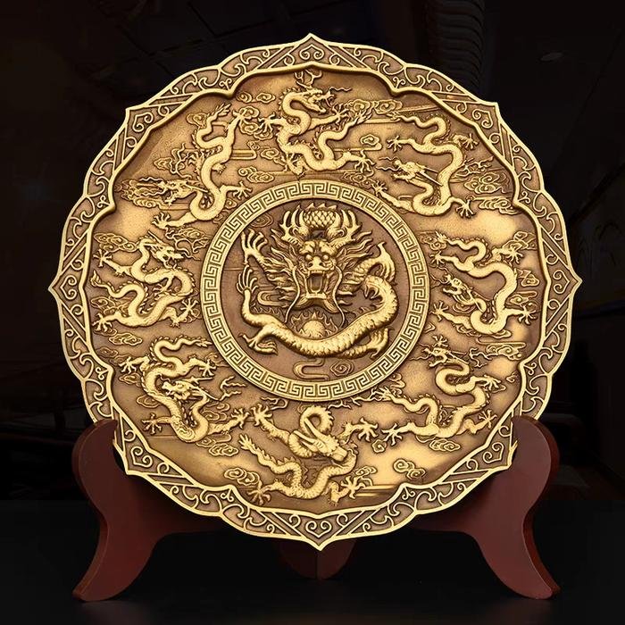 9 Dragon Brass Plate Diameter 24.5cm