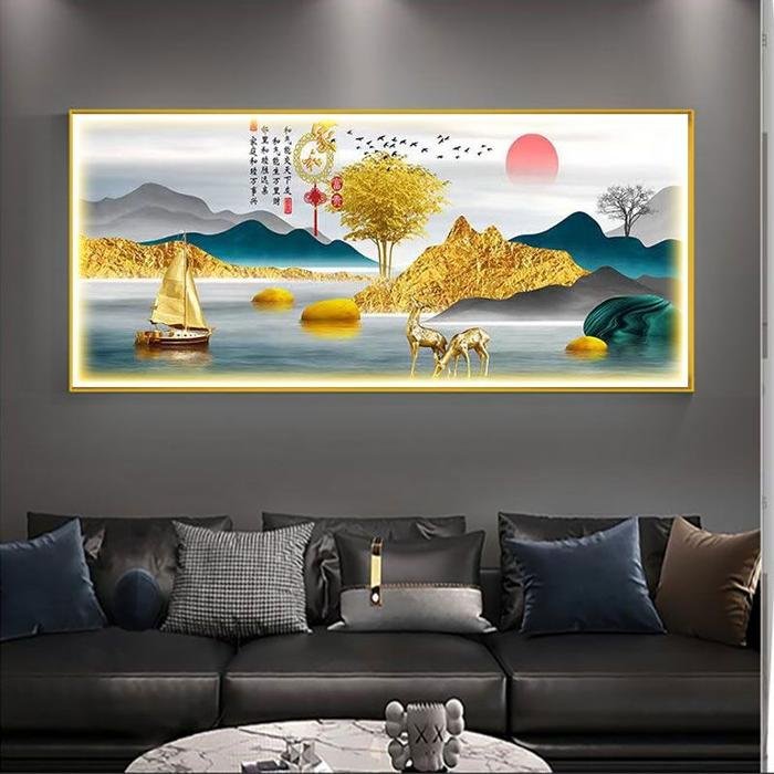 Painting LED Auspicious Golden Scenery 160x80cm Frame Gold + Remote