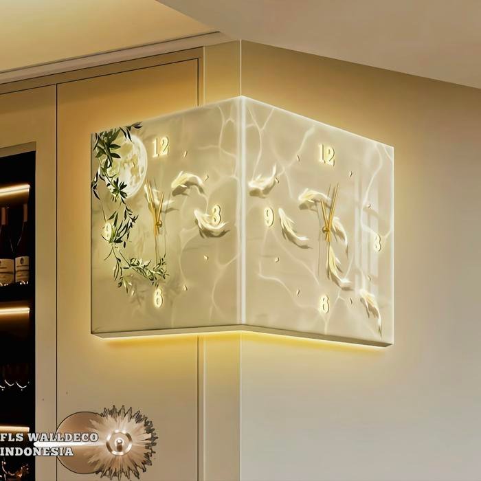 Jam Dinding Corner Wall Deco Led Gold Fish