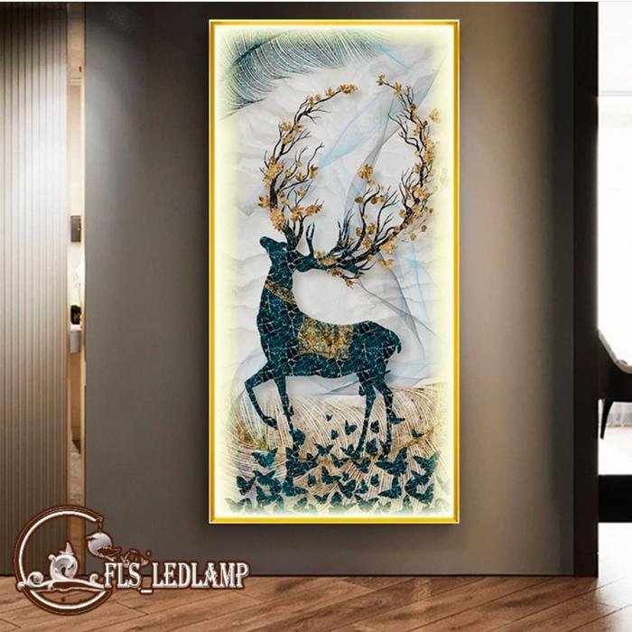 Painting LED Gracious Deer uk.50x100cm Frame Emas