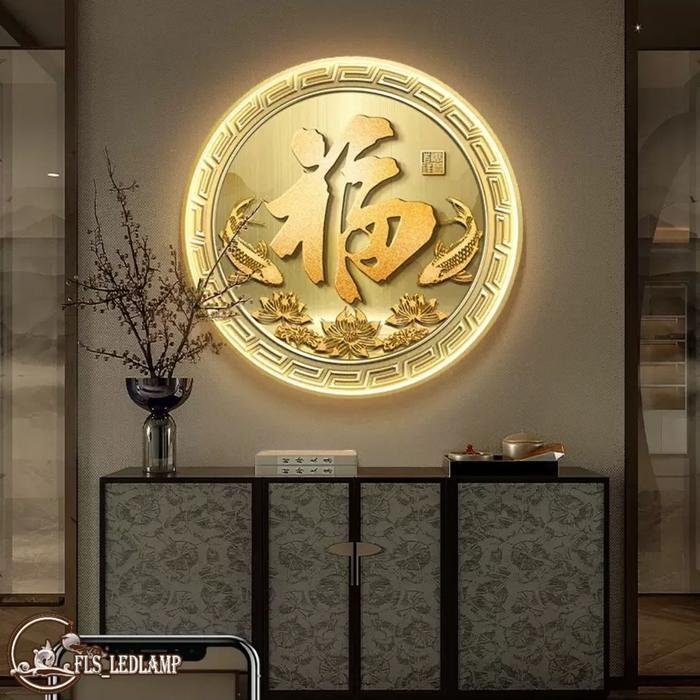 Painting LED Aksara "FU" Golden Koi Frame Gold set