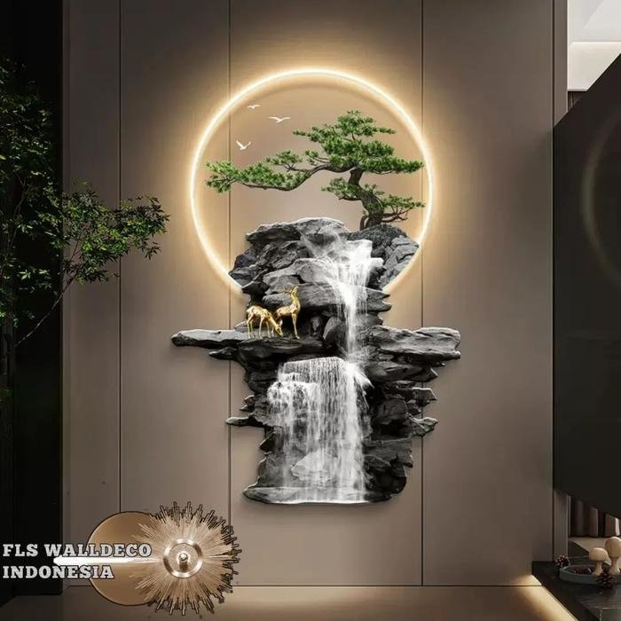 Wall Deco Deer Mt Waterfall Tree LED