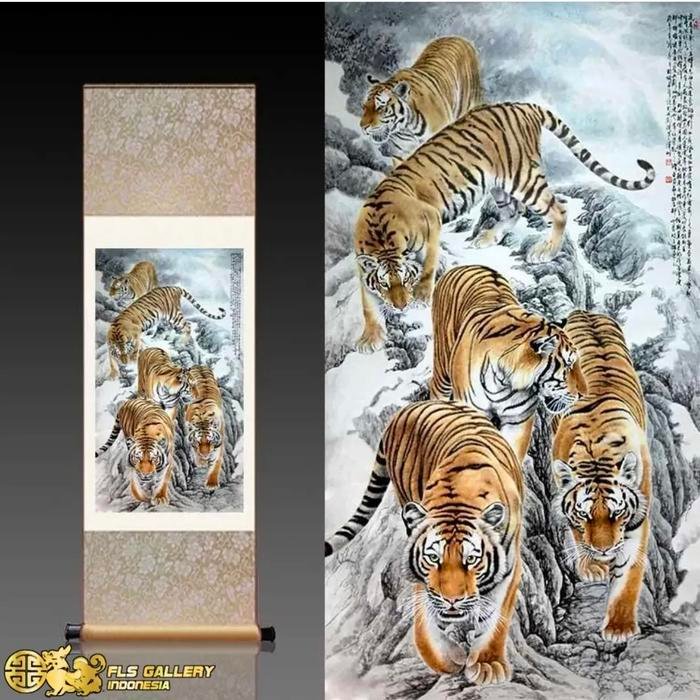 Lukisan Chinese FLS 5 Tigers Painting uk.55x150cm