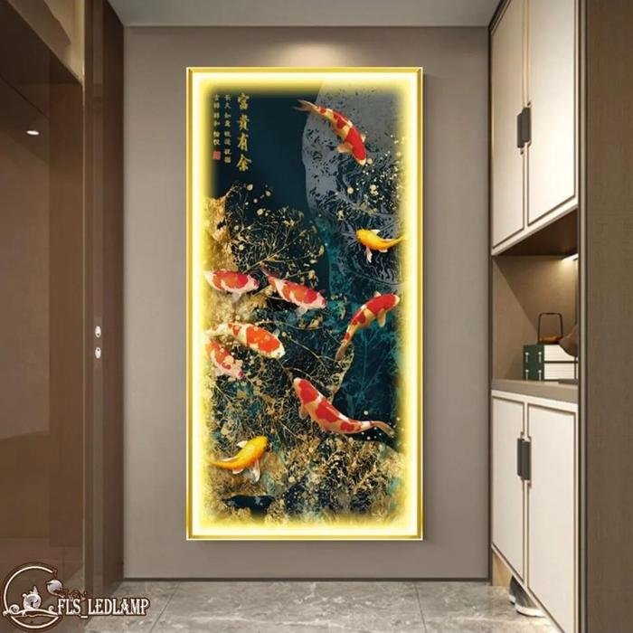Painting LED 9 Koi's Fu Gui You Yu Frame Gold set