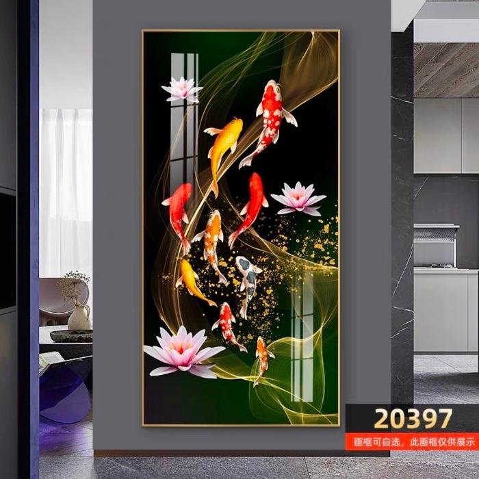Painting LED 9 Koi Quad Lotus 50x100cm Frame Gold