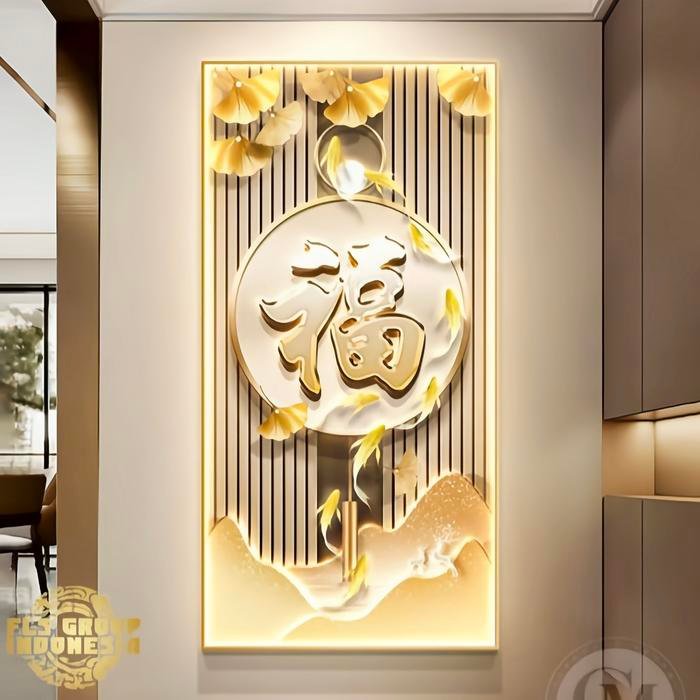 Painting LED Fortune Gold Aksara Fu Ginko Frame Gold set