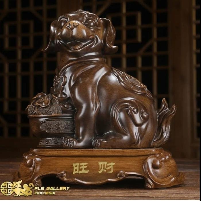 Pajangan Fengshui Wang Cai Anjing Resin Motif kayu