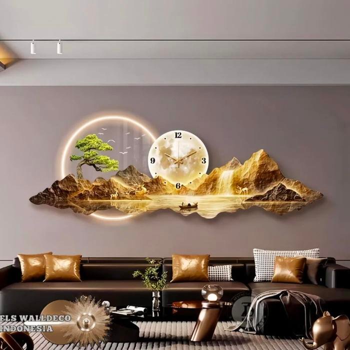 Wall Deco Golden Mountain Scenery Led Clock 120x40cm