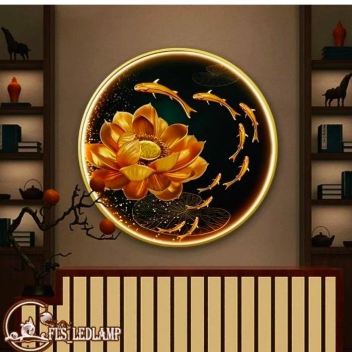 Painting Led 9Fishes Gold Lotus 80cm gold remote