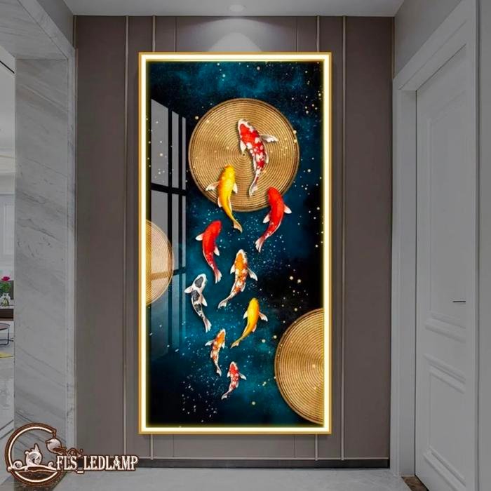 Painting LED 9 Koi's Neo 70x140cm Frame Gold + Remote Control