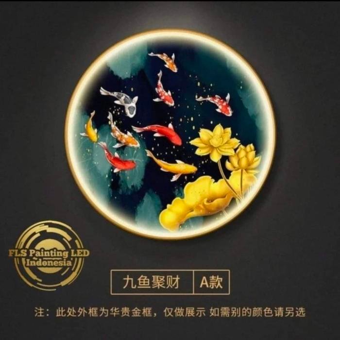 Painting LED 9 Koi's Lotus Fish Pond Frame Gold set