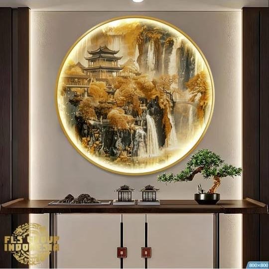 FLS Painting LED Golden Waterfall Scenery Hut