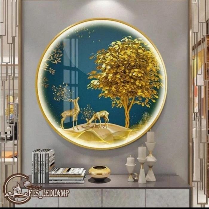 Painting LED Golden Tree Deers Gold frame set