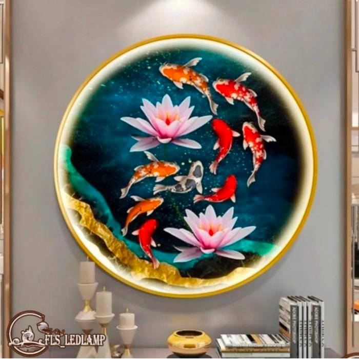 Painting LED 9Koi'S Double Lotus 100cm "8" Frame Gold Remote