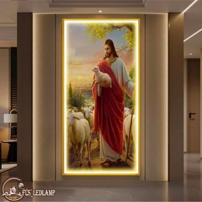 Painting LED Yesus Gembala Yang Baik 80x160cm + Frame Gold + Remote