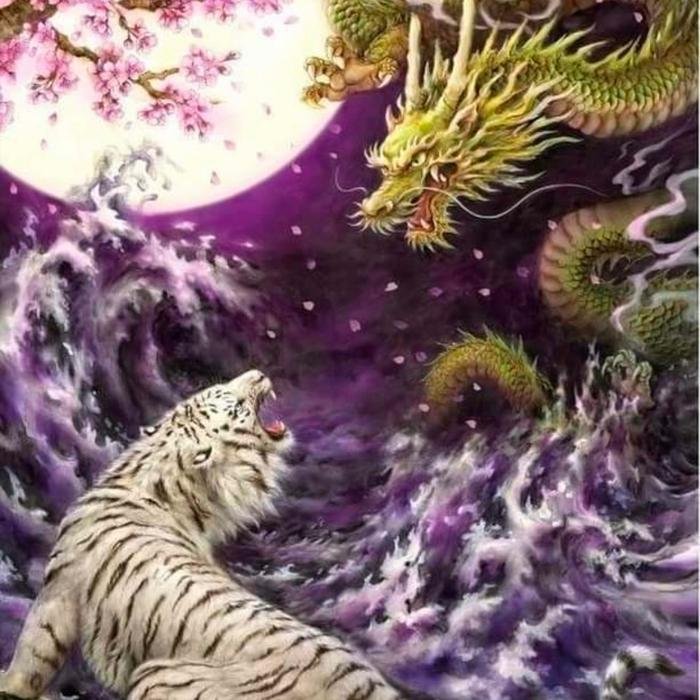 Painting LED Jade Dragon & White Tiger uk.70x140cm Frame Gold