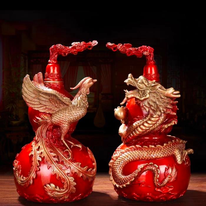 Bronze Hulou Sepasang Dragon & Phoenix uk 14x14x24cm (Merah)