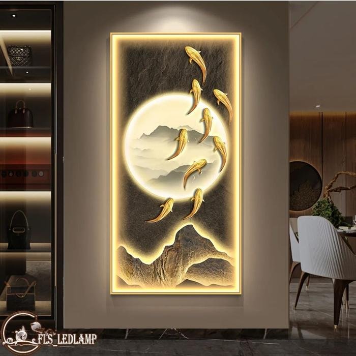 Painting LED 9 Koi's Golden Mountain Frame Gold set