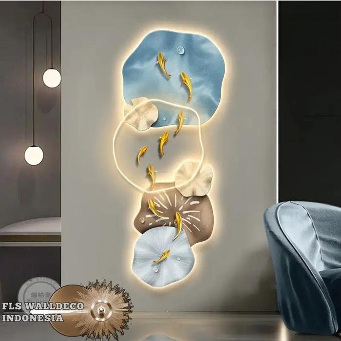 Wall Deco Blue Lotus Leaves 9 Fish LED