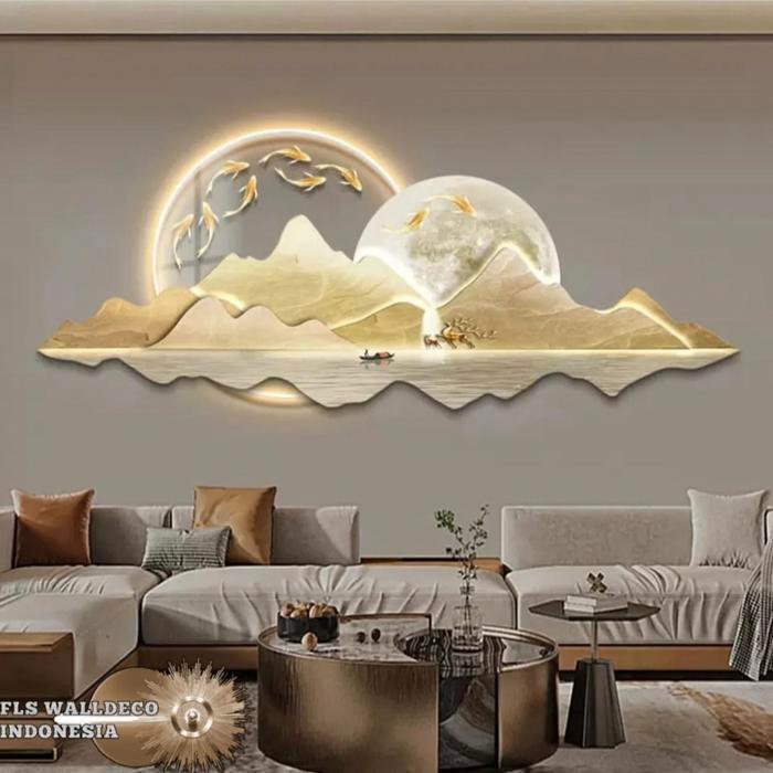 Wall Deco Golden Mountain Moon Gold Fish set led 120cmx40cm