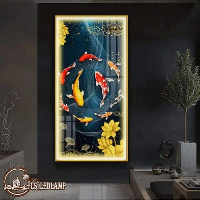 Painting Led 9 fish lotus 40x80 horizontal gold