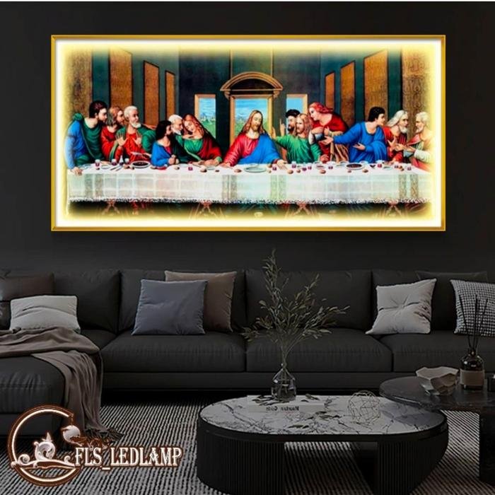 Painting LED Perjamuan Terakhir uk.50x100cm Frame Gold + Remote