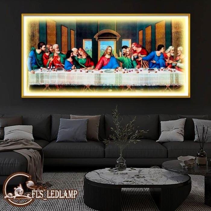 Painting LED Perjamuan Terakhir uk.60x120cm Frame Gold + Remote