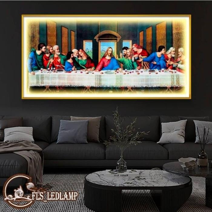 Painting LED Perjamuan Terakhir uk.160x80cm Frame Gold + Remote