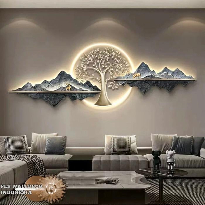 Wall Deco Mountain and Golden Tree Blue set