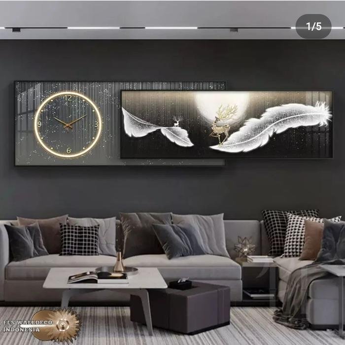 Wall Deco 2 Layers Deco Clock Feathdeer (180x75cm + 180cmx60cm)+Led