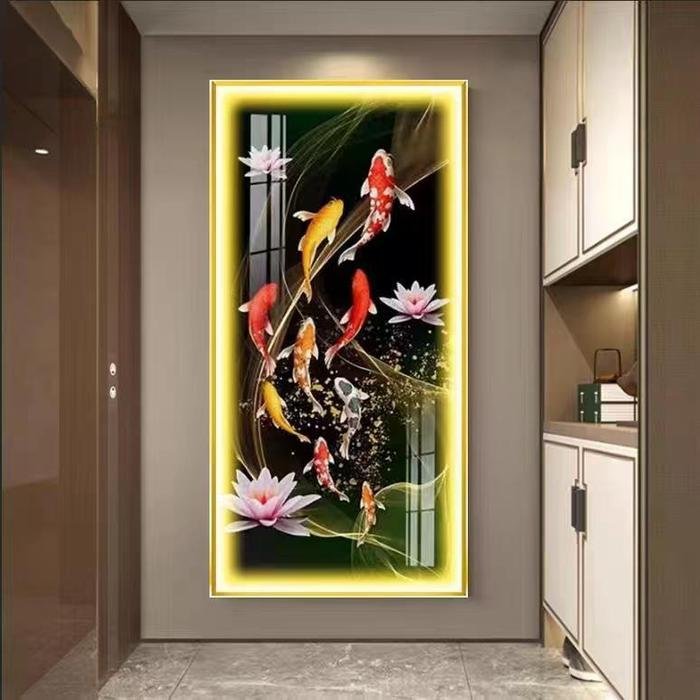 Painting LED 9 Koi 3 Lotus Frame Gold