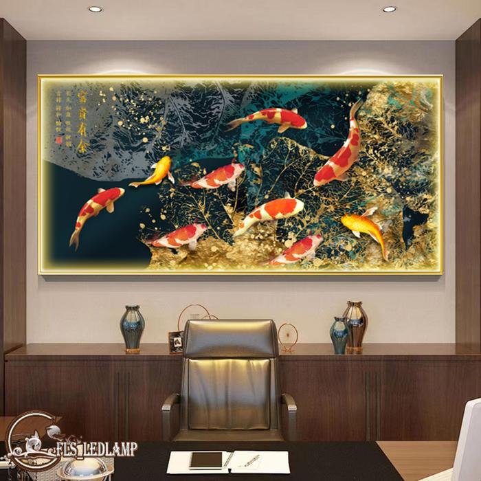 Painting LED 9Koi's Fu Gui You Yu (Horizontal) Frame Gold set