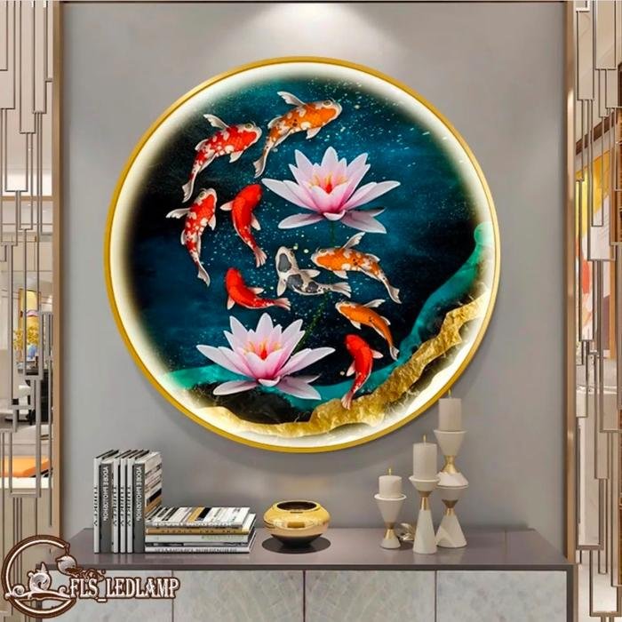 Painting LED 9 Koi's Double Lotus 80cm Frame Gold + Remote