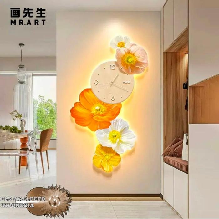 Wall Deco Floral Orange Clock LED