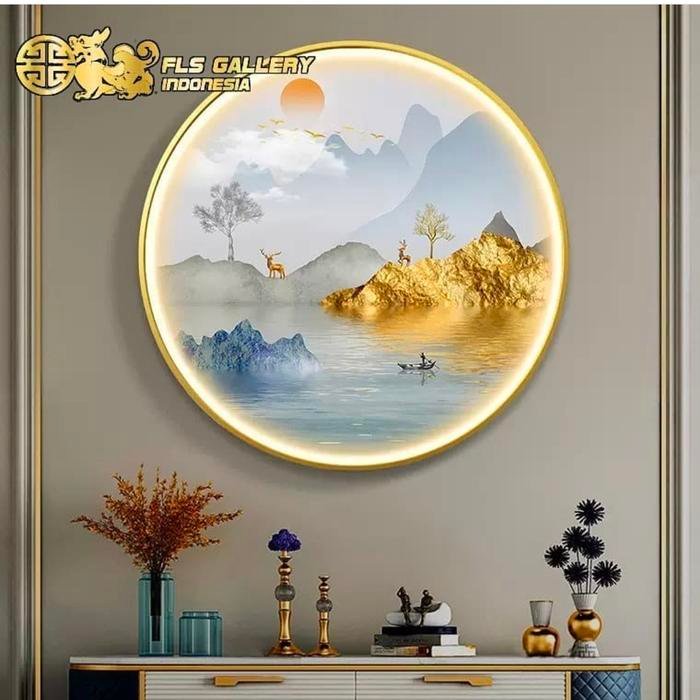 Painting LED Golden Mountain River 80cm Frame Gold + Remote
