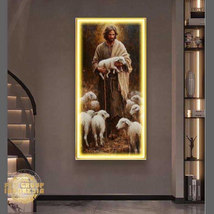 Painting LED Yesus The Good Shepherd Frame Gold + Remote
