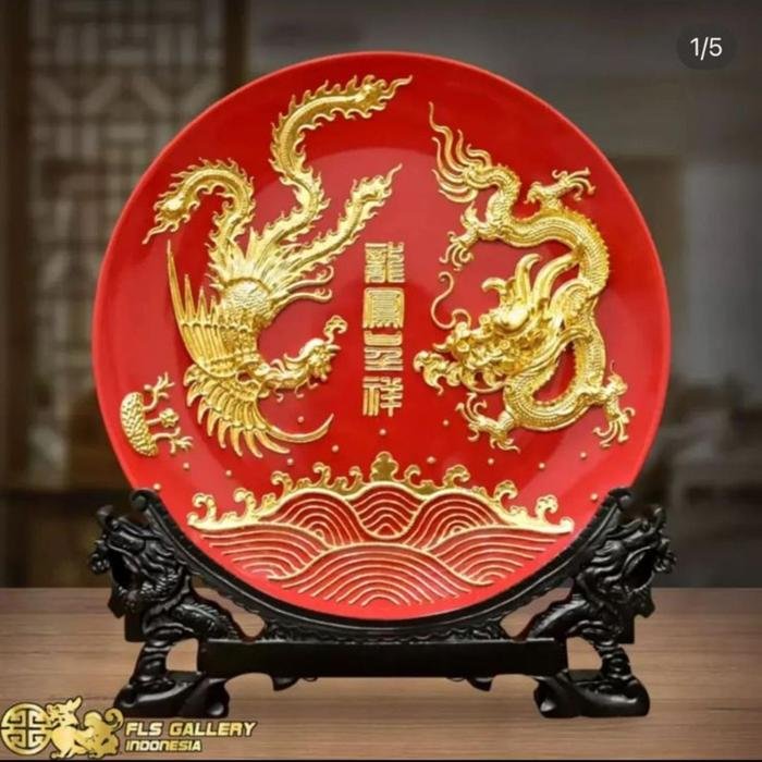 Chinese Red Plate Golden Dragon & Phoenix Dia.20cm