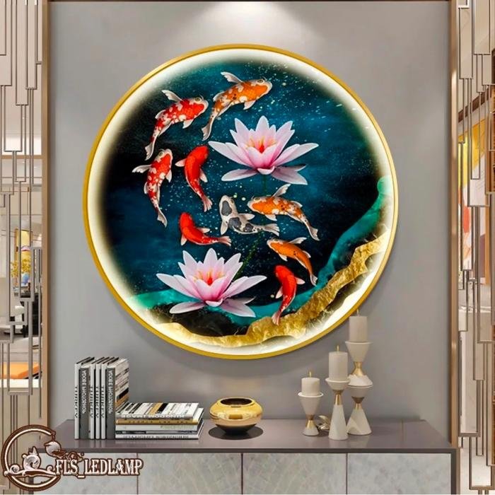 Painting LED 9 Koi's Double Lotus 50cm Frame Gold