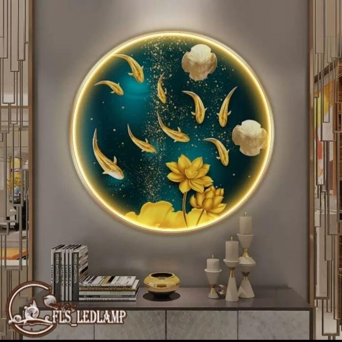 Painting LED 9 Fish Gold Lotus 80cm Frame Gold + Remote Control