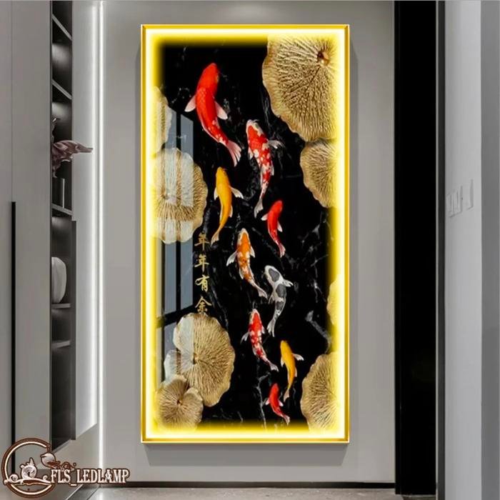 Painting LED Gold Leaf 9 Koi's 40x80cm Frame Gold