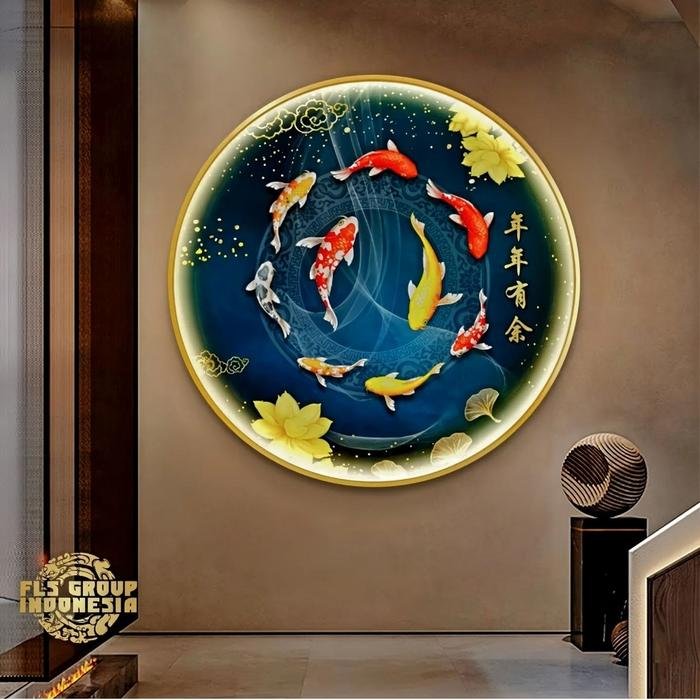 Painting Led 9 Koi's NNYY (Deep Blue) Frame Gold set
