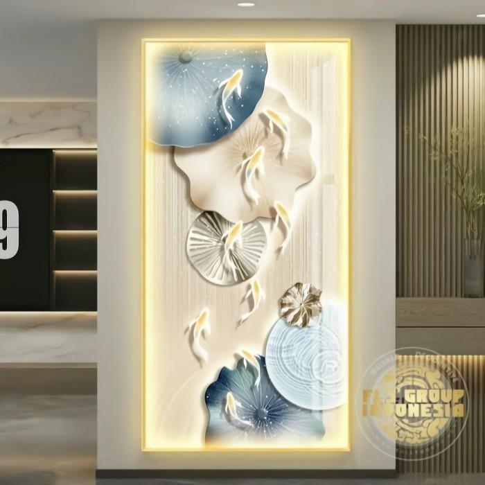 Painting LED Blue Lotus Koi Ponds Frame Gold set