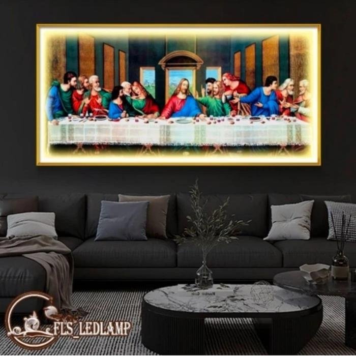 Painting LED Perjamuan Terakhir uk 140x70cm Frame Gold + Remote